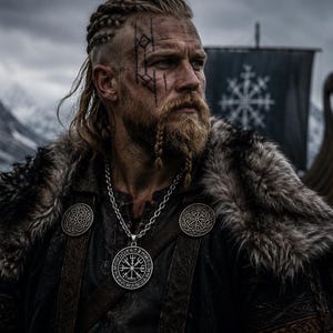 Może przedstawiać: Srebrny okrągły wisiorek z symbolem Vegvisir otoczonym runicznymi inskrypcjami, zawieszony na srebrnym łańcuszku. Wisiorek noszony jest na ciemnej tunice z futrzanym wykończeniem ramion oraz dwiema okrągłymi metalowymi broszkami z wzorami.