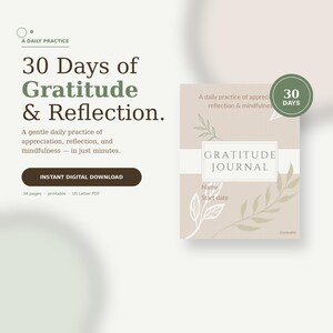 Op de afbeelding: Een digitale downloadafbeelding met een dankbaarheidsdagboek. De kaft van het dagboek is beige met de woorden "Gratitude Journal" en decoratieve bladillustraties. De tekst luidt "30 dagen dankbaarheid & reflectie" en "Directe digitale download".