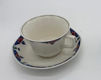 Adams Veruschka English Ironstone Teacup and Saucer Set | Vintage Floral Botanical Tea Cup | Blue Red Green Pattern | Adam Verushka | Tea...