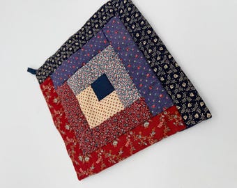 Vintage Quilt Americana Hot Pad | Red White Blue Potholder | Cottagecore Country Kitchen Decor | Handmade Quilted Trivet | Vintage Home D...