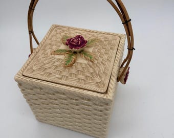 Vintage Ceramic Wicker-Textured Basket with Rose Lid | Wicker Basket | Ceramic Box | Japanese Ceramic