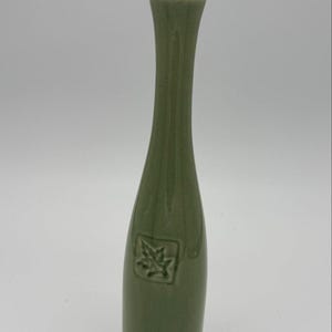 Crate & Barrel Green Crackle Ceramic Vase, Leaf Motif, 11.5" Tall