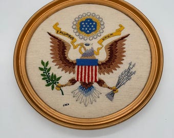 Vintage E Pluribus Unum Crewel Stitch Art | Framed Eagle Needlepoint | Americana Folk Art Wall Hanging | 13 Inch Round | Eagle Art | Hand...