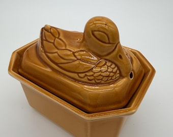 Vintage French Duck Terrine: Hand-Painted Majolica Paté Dish