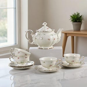 French-Style Ceramic Tea Set with Gold Rim and Small Floral Print | Ceramic Coffee Cup and Saucer | Afternoon Tea Set | Vintage Tea Set