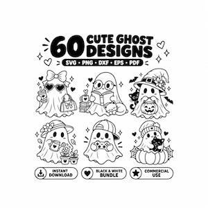 Può includere: Una collezione digitale di 60 disegni di fantasmi carini in bianco e nero, con vari personaggi con accessori come fiocchi, occhiali, cappelli e zucche. Il testo include 60 CUTE GHOST DESIGNS, SVG, PNG, DXF, EPS, PDF, INSTANT DOWNLOAD, BLACK & WHITE BUNDLE e COMMERCIAL USE.