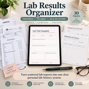 Puede incluir: Un organizador digital de resultados de laboratorio en una pantalla de tableta, rodeado de informes médicos impresos. La pantalla muestra un formulario Lab Visit Snapshot. Un bolígrafo y unas gafas están cerca. El texto dice Lab Results Organizer, 30 Pages, e incluye varios encabezados y etiquetas de seguimiento médico para organizar datos de salud.