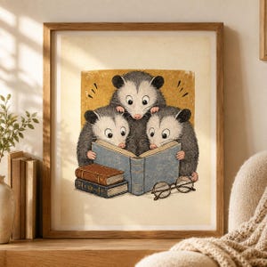 May include: A framed art print featuring an illustration of three grey and white opossums huddled together reading an open blue book. Two additional closed books are stacked to the left, and a pair of round wire-rimmed glasses rests below.