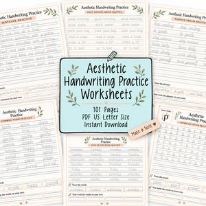 May include: A collection of printable handwriting practice worksheets featuring cursive and print exercises. The central light blue sign displays the text Aesthetic Handwriting Practice Worksheets, 101 Pages, PDF US Letter Size, Instant Download.