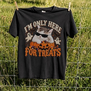 Funny Halloween Cat Shirt, I'm Only Here for Treats Tee, Cute Spooky Cat Graphic, Halloween Candy Graphic Tee, Trick or Treat Shirt