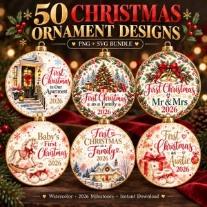 May include: A digital collection of 50 Christmas ornament designs featuring watercolor illustrations and text for 2026 milestones. The circular graphics include scenes of homes, Christmas trees, rocking horses, and gifts with festive red and gold accents.