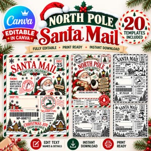 Puede incluir: Una colección de 20 plantillas editables de correo de Santa Claus con gráficos festivos del Polo Norte, incluyendo ilustraciones de Santa, paisajes nevados y sellos postales. Los diseños incluyen campos para remitente y destinatario.