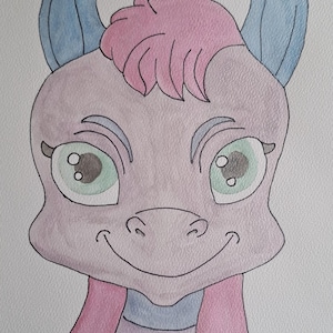 Watercolor painting, little dragon wall decor, handmade italian art,soft color painting, gift for baby, or Kids. LITTLE DUDU.