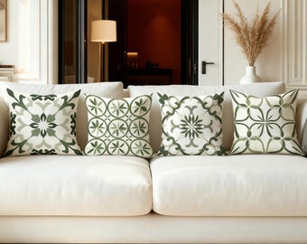 4pcs Boho Green Floral Pillow Covers, Velvet Cushion Covers Farmhouse Decor