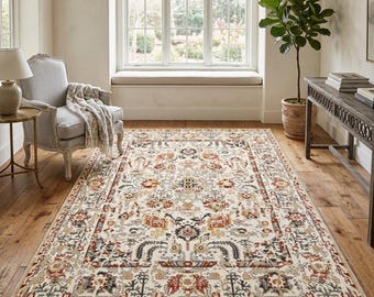 Alfombra lavable estilo bohemio, alfombra antideslizante para sala de estar, alfombra vintage