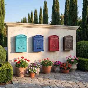 Può includere: Quattro cassette postali da parete in metallo color turchese, blu, rosso e marrone, ciascuna con uno stemma decorativo e una fessura orizzontale. Sotto, quattro vasi in terracotta contengono fiori vivaci nei toni del rosso, rosa e bianco.