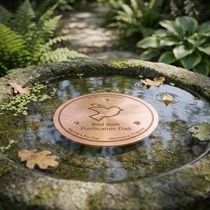 Puede incluir: Un disco de purificación para baño de aves de cobre flota en una pila de piedra llena de agua. El disco tiene una silueta de pájaro y el texto "Bird Bath Purification Disk", "Nature's Purifier" y "Welcome, Friends". El disco está rodeado de hojas caídas.