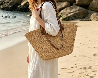 French Market Basket: Handmade Straw Shoulder Bag with Leather Accents Woven Tote Natural Fiber Summer Gift for Her