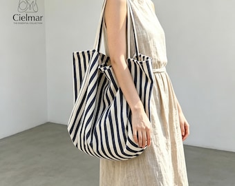 Minimalistische gestreifte Canvas-Einkaufstasche - Umhängetasche mit großer Kapazität für Arbeit, Schule und Reisen, ästhetische umweltfreundliche Einkaufstasche, Geschenk für sie