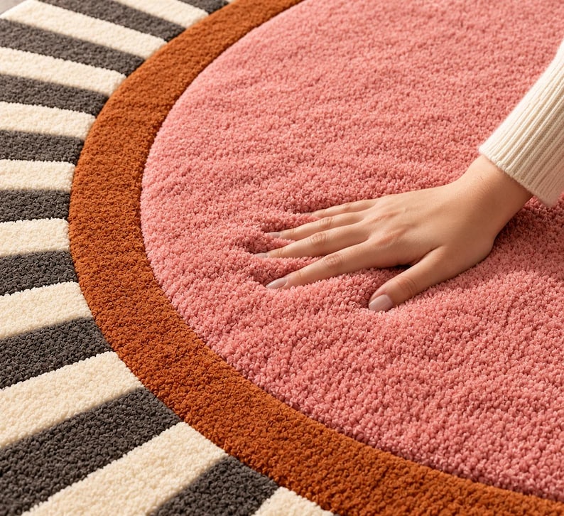 Textured Rug Pink Pink Round Tufted Rug, Modern Sunburst Wool Carpet - Etsy