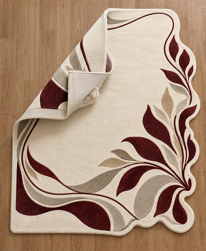 Hand Tufted Wool Rug, Burgundy Beige Abstract Botanical Design, Modern ...