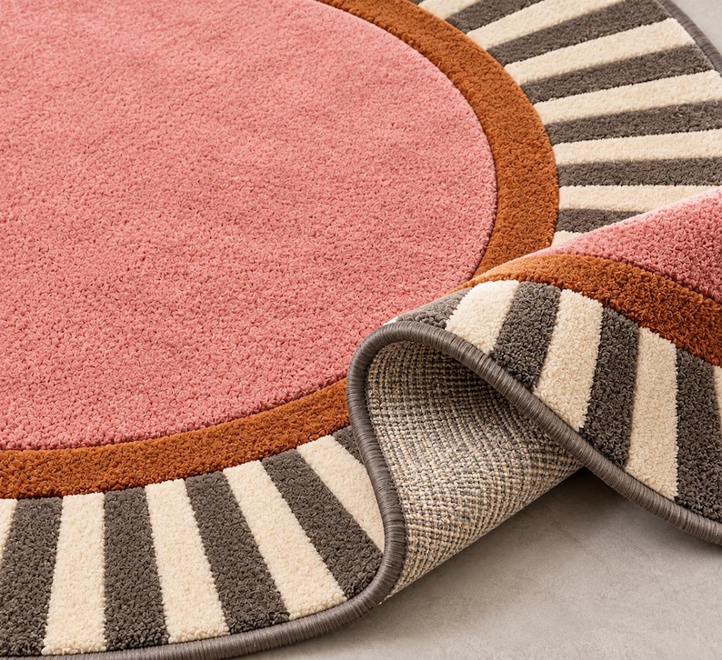 Textured Rug Pink Pink Round Tufted Rug, Modern Sunburst Wool Carpet - Etsy