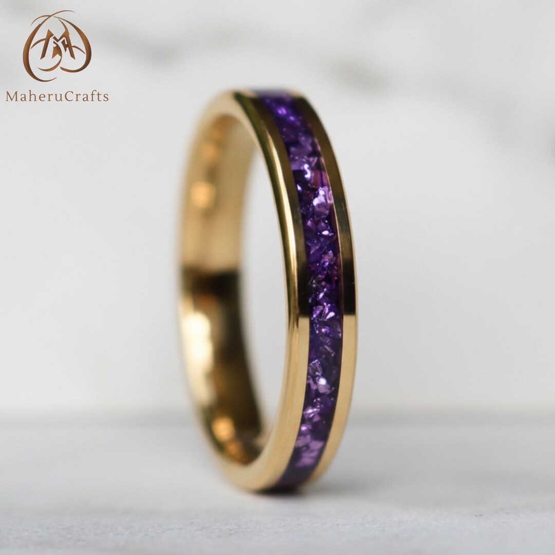 Tungsten 4mm Gold Ring With Amethyst Inlay - Etsy