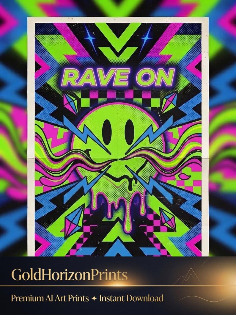 90s Rave Poster Print | Acid House Wall Art | Neon Clubbing Decor ...