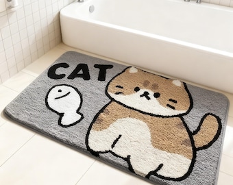 Cute Cat Bath Mat Non Slip, Flannel Absorbent Bathroom Rug, Cartoon Animal Floor Mat