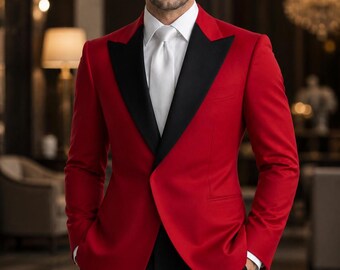 Blazer rojo de esmoquin para hombre – Chaqueta de cena con solapa negra, blazer para novio de boda, chaqueta de lujo para fiestas.