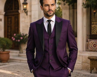 Blazer morado para hombre / Blazer de lujo para bodas / Chaqueta de noche con solapa de satén / Blazer de diseñador para fiestas de novio