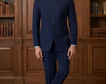 Navy Blue Jodhpuri Blazer - Men’s Slim Fit Mandarin Collar Jacket - Designer Bandhgala Wedding Coat - Custom Tailored Ethnic Fusion Blazer