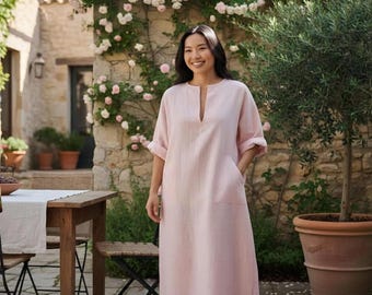 Linen Maxi Kaftan Dress for Women | Oversized Pink Boho Dress with Pockets | Loose Fit Custom Linen Tunic | Sustainable Summer Lounge Dress