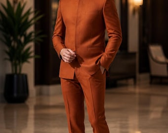 Blazer Bandhgala da uomo color ruggine – Giacca con colletto Nehru arancione bruciato, blazer indo-occidentale per matrimoni e feste