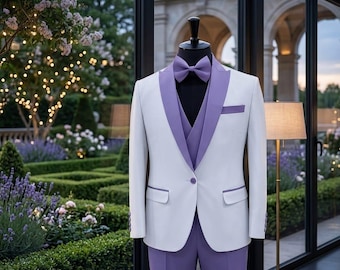 Blazer para hombre color lavanda y blanco - Chaqueta de boda de corte ajustado con solapa morada - Abrigo de esmoquin de diseñador para fiestas - Blazer de graduación hecho a medida