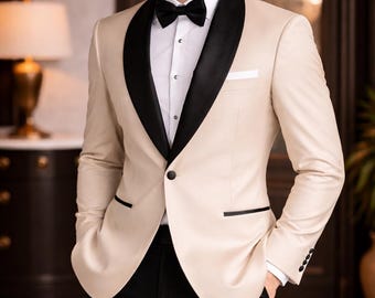Blazer de esmoquin beige para hombre – Chaqueta de fiesta de boda ajustada con solapa de chal negra