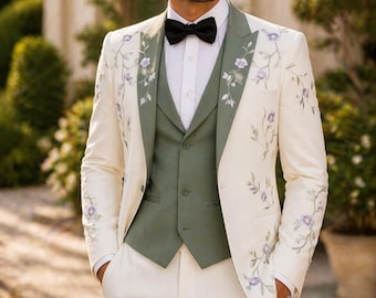 Floral Embroidered Men’s Blazer – Ivory Wedding Blazer, Designer Groom Jacket, Formal Party Blazer