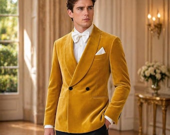 Blazer de terciopelo mostaza para hombre – Blazer de lujo de doble botonadura, chaqueta de novio para bodas, blazer para fiestas formales