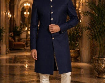Men’s Navy Blue Sherwani, Wedding Sherwani for Groom, Indo Western Sherwani, Designer Ethnic Wear for Men, Festive Party Outfit
