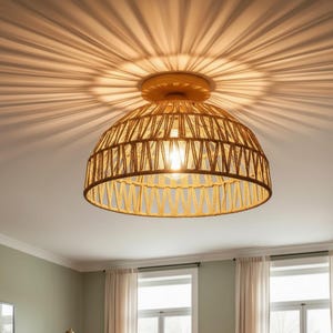 Wabi Sabi Wicker Ceiling Lamp E27, Handwoven Rattan Light Fixture, Rustic Boho Pendant Lighting for Living Room Restaurant Decor