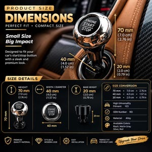 May include: A round, metallic engine start stop button cover with a black center and silver rim. The product features a total height of 2.76 inches, a diameter of 1.57 inches, and a base height of 0.79 inches, as shown in the technical diagrams.