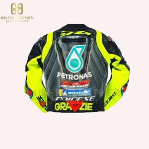 K&ouml;nnte beinhalten: Eine schwarze und neongelbe Motorrad-Rennjacke mit dem Text "PETRONAS" und anderen Logos. Die Jacke hat ein gestepptes Design an Schultern und R&uuml;cken, mit "DAINESSE" und "GRAZIE" auf dem unteren R&uuml;cken gedruckt.