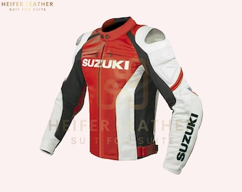 Vordere Jacke der Swarovski GSXR GPlus Motorrad-Reitjacke - Moto DP Motorrad Original Lederjacke mit kompletter Rüstung - Geschenk für Biker