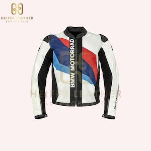 May include: White and black motorcycle jacket with blue and red stripes and the text "BMW MOTORRAD". The jacket has a zip closure and the text "HEIFER LEATHER SUIT FOR SUITE".