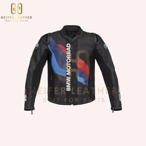 May include: Black motorcycle jacket featuring the BMW Motorrad logo in white, and blue, red, and white stripes. The jacket has a stand-up collar, long sleeves, and the Heifer Leather logo.