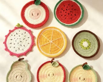 Posavasos de frutas hechos a mano con ganchillo, hilo de algodón, decoración de cocina estilo cottagecore.