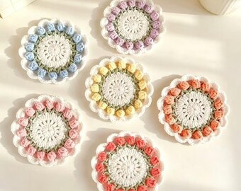 Posavasos de tulipán de ganchillo hecho a mano, mantel individual de hilo de algodón floral, decoración de mesa (12 cm)