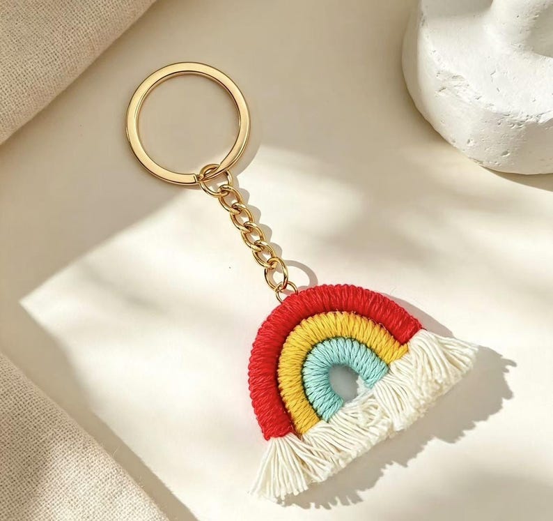 Macrame Rainbow Keychain, Boho Cotton Cord Bag Charm, Tassel Key Ring ...