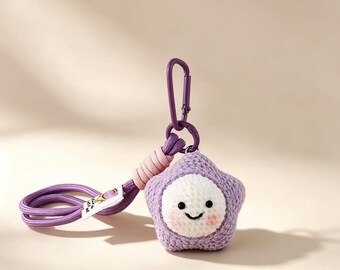 Llavero de estrella sonriente hecho a mano a crochet, colgante para bolso de amigurumi de algodón con leche (6-7 cm)