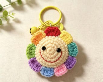 Llavero de girasol arcoíris de ganchillo, dije de flor sonriente para bolso, colgante floral kawaii